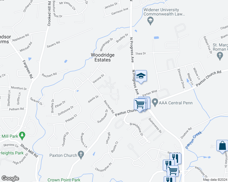 map of restaurants, bars, coffee shops, grocery stores, and more near 614 Cherrington Drive in Harrisburg
