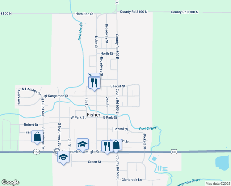 map of restaurants, bars, coffee shops, grocery stores, and more near 208 East Sangamon Street in Fisher