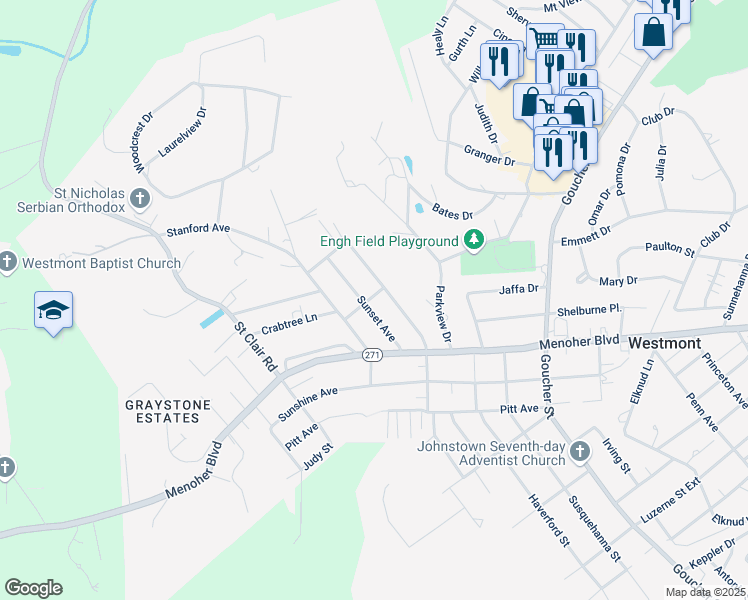 map of restaurants, bars, coffee shops, grocery stores, and more near 800-898 Sunset Ave in Johnstown