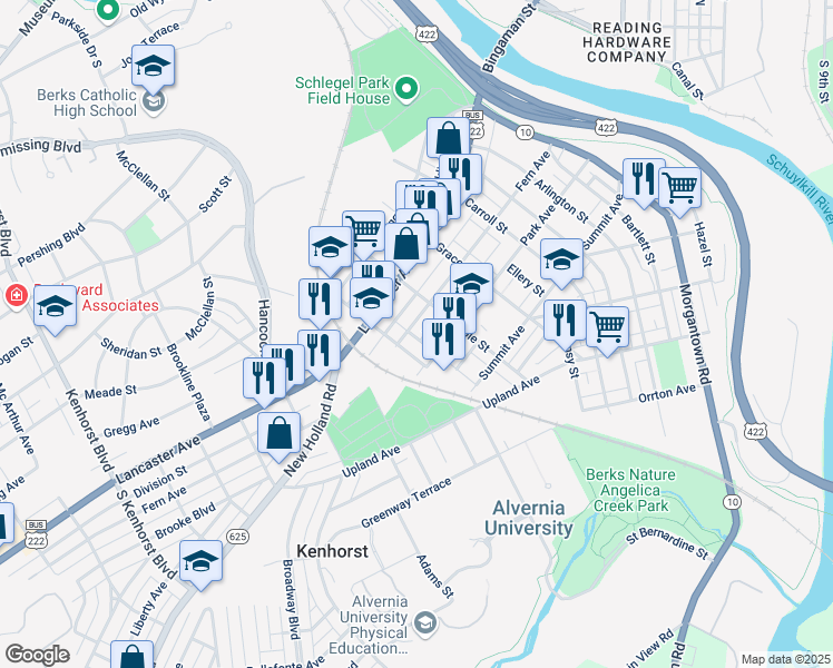 map of restaurants, bars, coffee shops, grocery stores, and more near 646 Fern Avenue in Reading