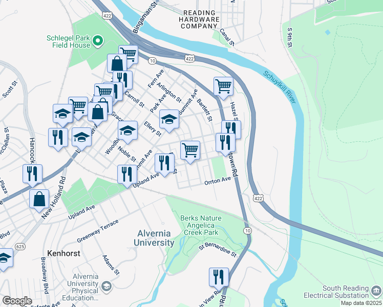 map of restaurants, bars, coffee shops, grocery stores, and more near 428 Crestmont St in Reading