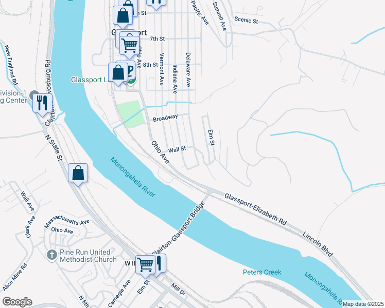 map of restaurants, bars, coffee shops, grocery stores, and more near 1104 Delaware Avenue in Glassport