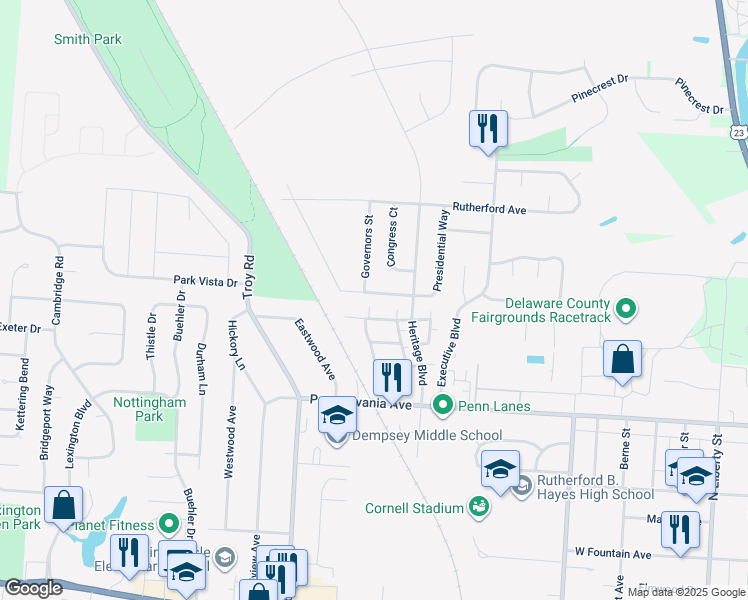 map of restaurants, bars, coffee shops, grocery stores, and more near 553 Birchard Avenue in Delaware