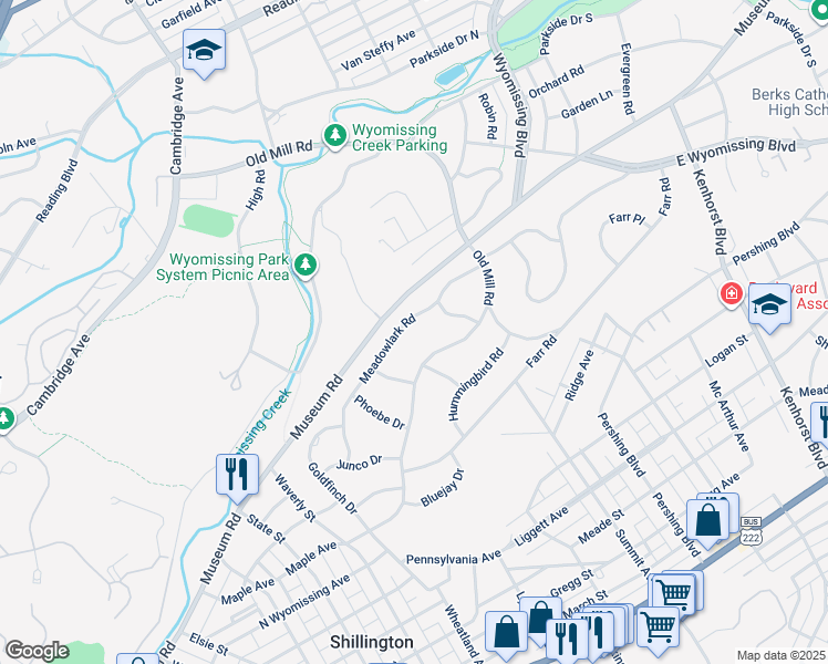 map of restaurants, bars, coffee shops, grocery stores, and more near 1634 Meadowlark Road in Wyomissing