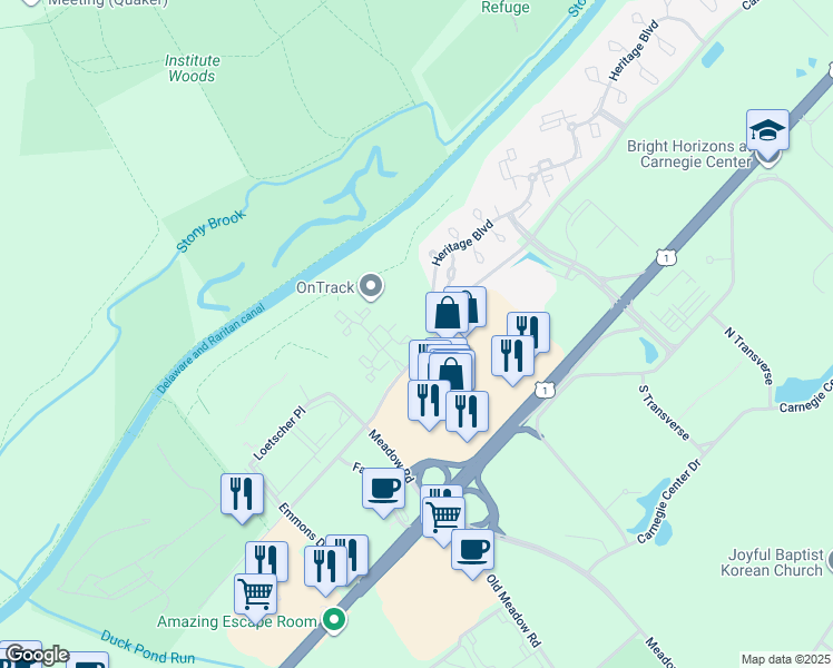 map of restaurants, bars, coffee shops, grocery stores, and more near 118 Acadia Court in Princeton