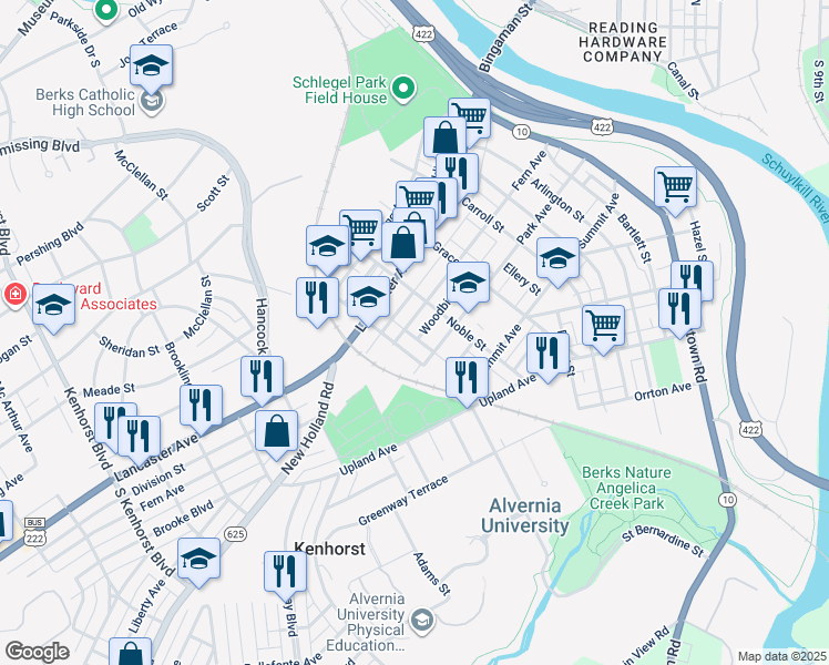 map of restaurants, bars, coffee shops, grocery stores, and more near 642 Fern Avenue in Reading