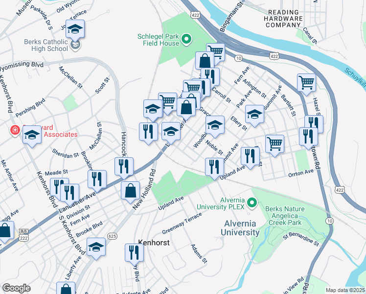 map of restaurants, bars, coffee shops, grocery stores, and more near 29 Angelica Street in Reading