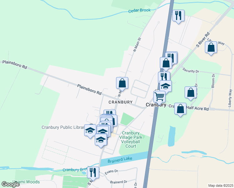 map of restaurants, bars, coffee shops, grocery stores, and more near 103 North Main Street in Cranbury