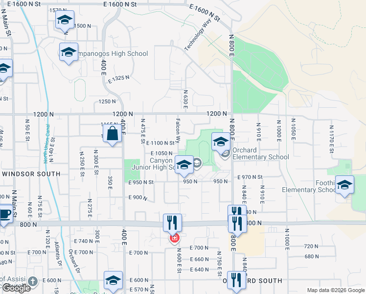 map of restaurants, bars, coffee shops, grocery stores, and more near 1100 North 600 East Street in Orem