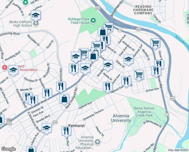 map of restaurants, bars, coffee shops, grocery stores, and more near 646 Fern Avenue in Reading