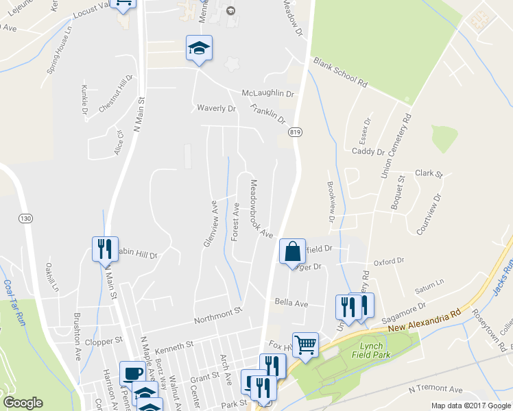 map of restaurants, bars, coffee shops, grocery stores, and more near 20 Meadowbrook Avenue in Greensburg