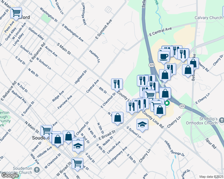 map of restaurants, bars, coffee shops, grocery stores, and more near 102 North County Line Road in Souderton