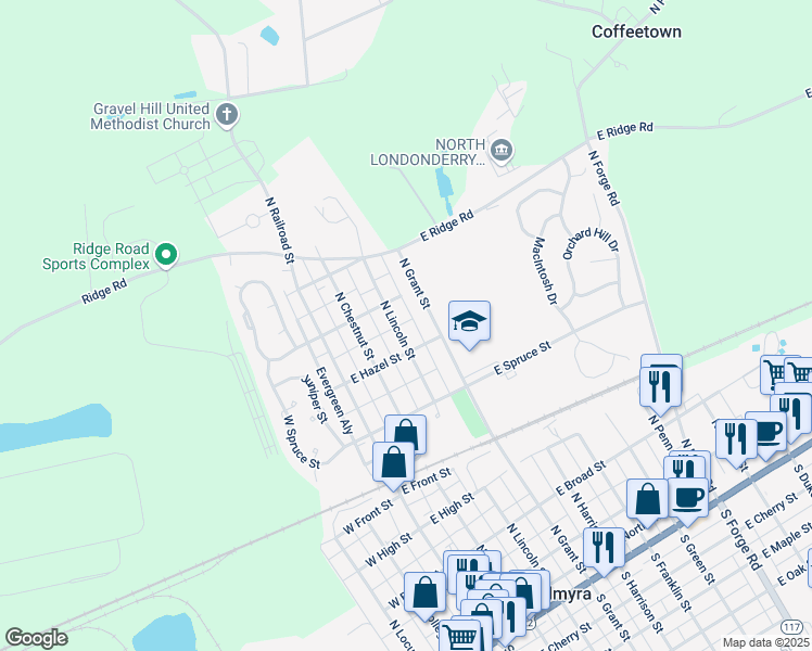 map of restaurants, bars, coffee shops, grocery stores, and more near 609 North Grant Street in Palmyra