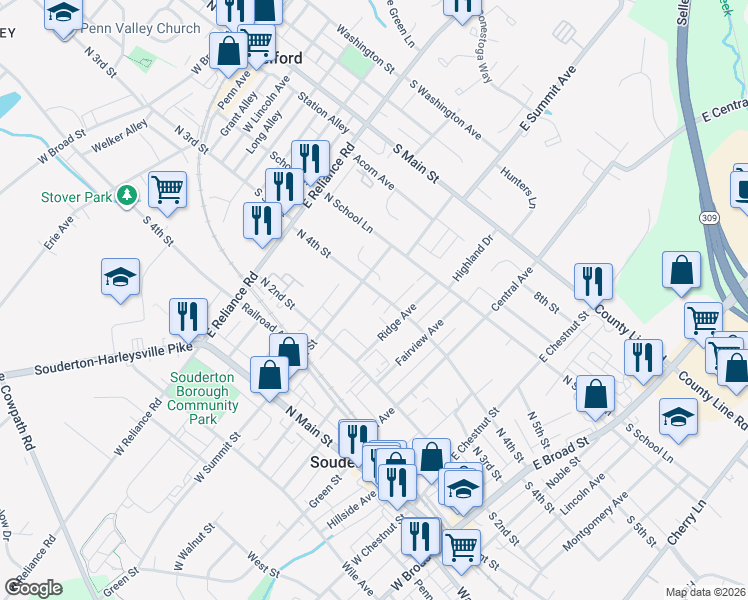 map of restaurants, bars, coffee shops, grocery stores, and more near 340 North 4th Street in Souderton