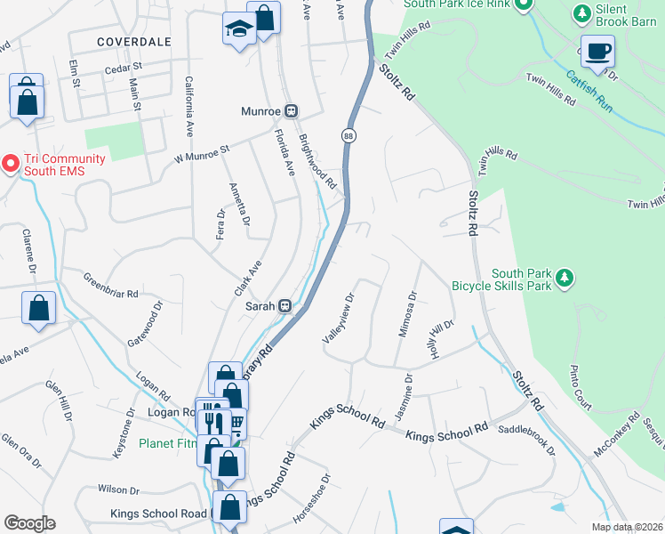 map of restaurants, bars, coffee shops, grocery stores, and more near 5655 Library Road in Bethel Park