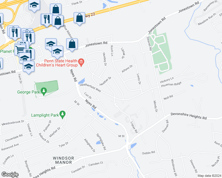 map of restaurants, bars, coffee shops, grocery stores, and more near 219 Lopax Road in Harrisburg