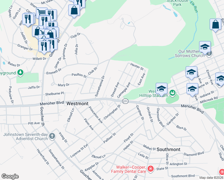 map of restaurants, bars, coffee shops, grocery stores, and more near 750 Drexel Avenue in Johnstown