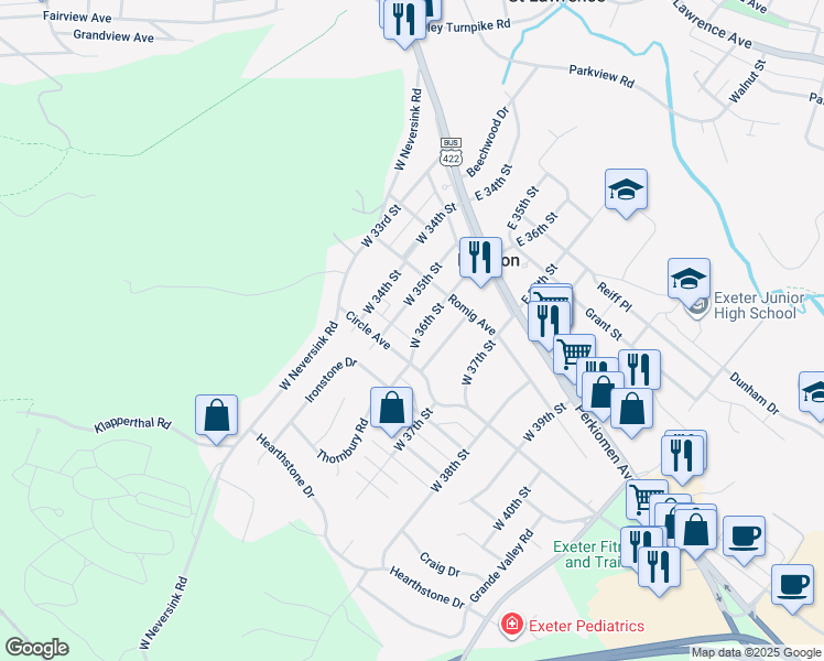 map of restaurants, bars, coffee shops, grocery stores, and more near 120 West 36th Street in Reading