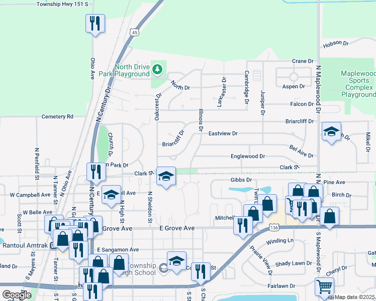 map of restaurants, bars, coffee shops, grocery stores, and more near 860 Eastview Dr in Rantoul