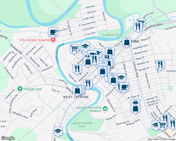 map of restaurants, bars, coffee shops, grocery stores, and more near 131 Thompson Street in Latrobe