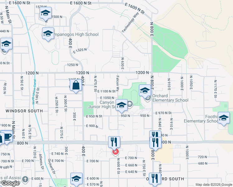 map of restaurants, bars, coffee shops, grocery stores, and more near 1100 North 600 East in Orem