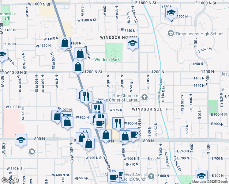 map of restaurants, bars, coffee shops, grocery stores, and more near 1066 North 150 West in Orem