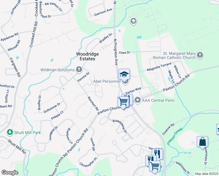 map of restaurants, bars, coffee shops, grocery stores, and more near 3560 North Progress Avenue in Harrisburg