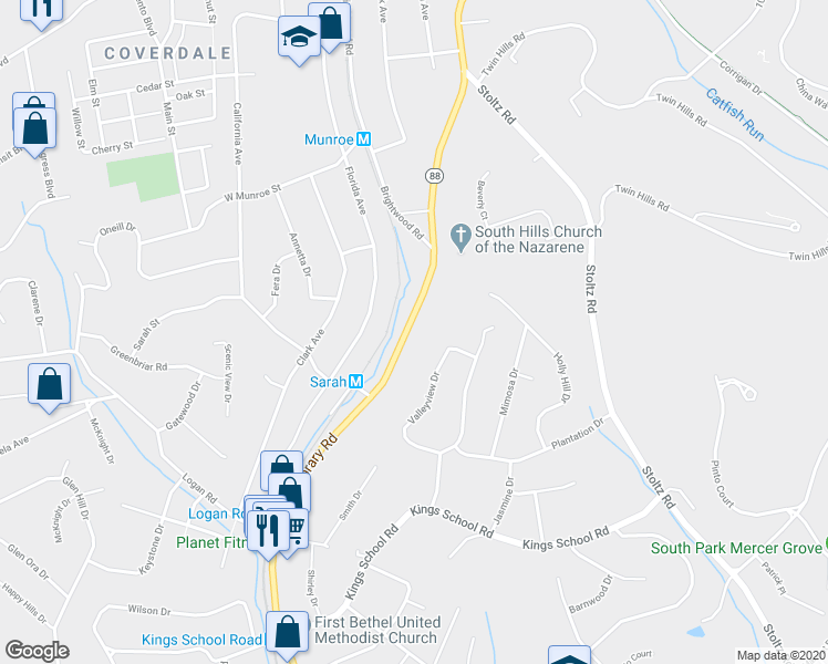 map of restaurants, bars, coffee shops, grocery stores, and more near 5655 Library Road in Bethel Park