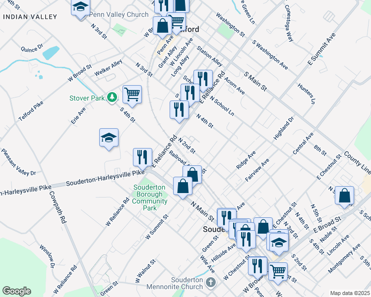 map of restaurants, bars, coffee shops, grocery stores, and more near 464 North 2nd Street in Souderton