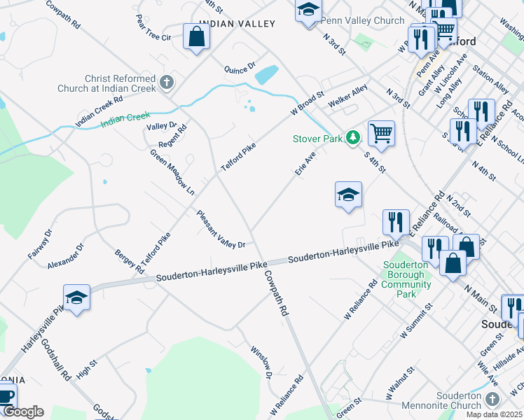 map of restaurants, bars, coffee shops, grocery stores, and more near 157 Erie Avenue in Souderton