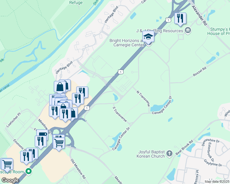 map of restaurants, bars, coffee shops, grocery stores, and more near 300 Carnegie Center Boulevard in Princeton
