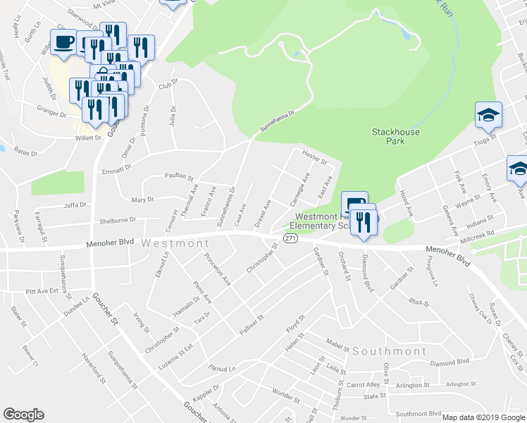 map of restaurants, bars, coffee shops, grocery stores, and more near 765 Drexel Avenue in Johnstown