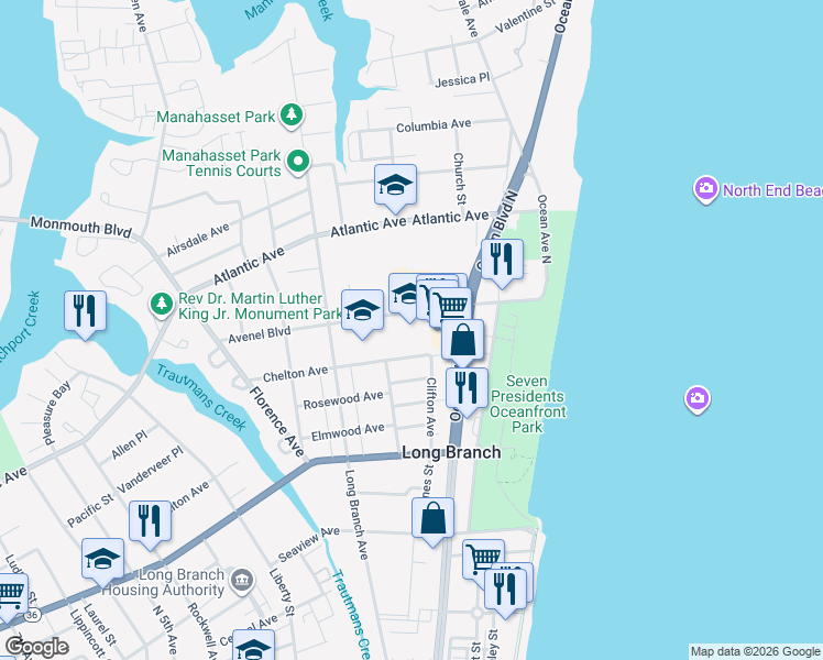 map of restaurants, bars, coffee shops, grocery stores, and more near 80 Avenel Boulevard in Long Branch