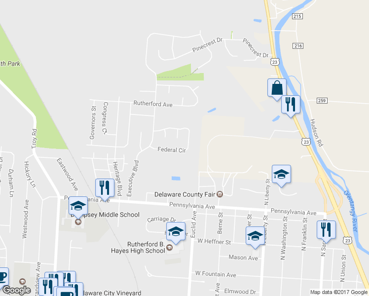 map of restaurants, bars, coffee shops, grocery stores, and more near 430 Federal Circle in Delaware