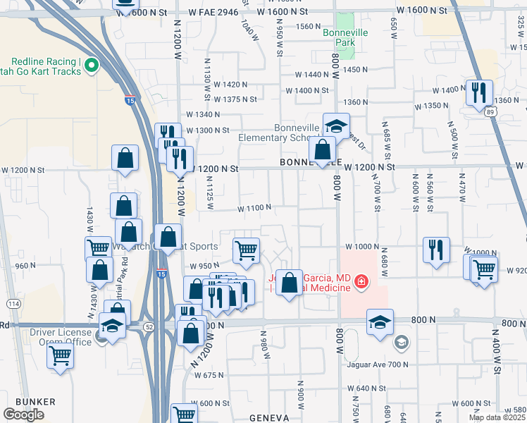 map of restaurants, bars, coffee shops, grocery stores, and more near 999 West 1100 North in Orem