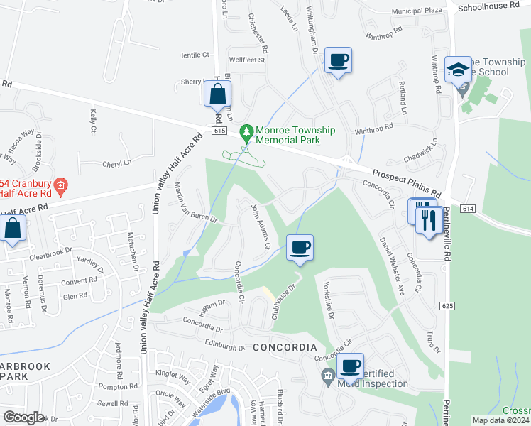 map of restaurants, bars, coffee shops, grocery stores, and more near 1A John Adams Court in Monroe Township