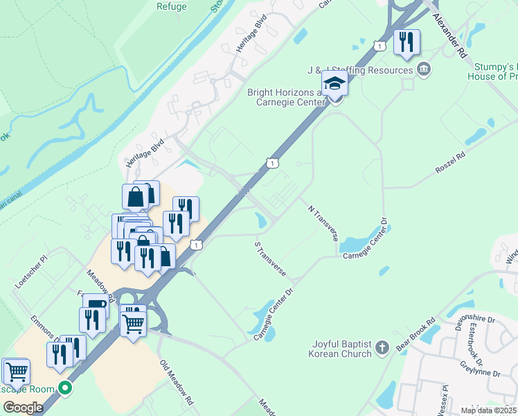 map of restaurants, bars, coffee shops, grocery stores, and more near 300 Carnegie Center Boulevard in Princeton