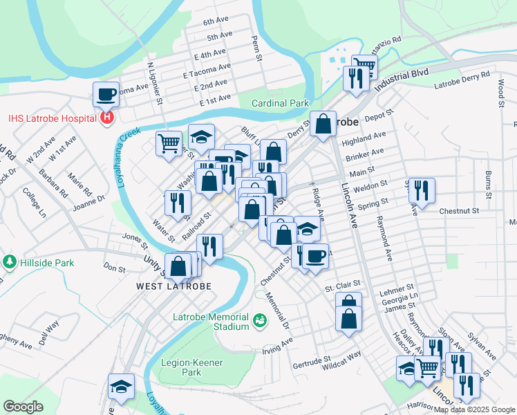 map of restaurants, bars, coffee shops, grocery stores, and more near 315 Depot Street in Latrobe