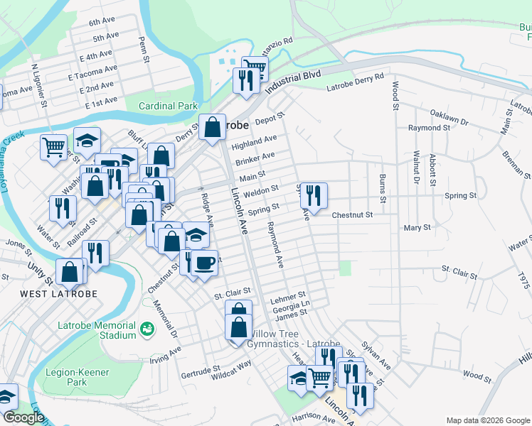 map of restaurants, bars, coffee shops, grocery stores, and more near 1105 Raymond Avenue in Latrobe
