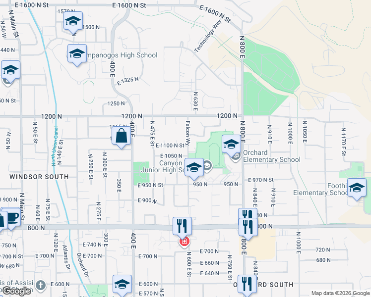 map of restaurants, bars, coffee shops, grocery stores, and more near 1100 North 600 East in Orem
