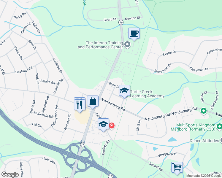 map of restaurants, bars, coffee shops, grocery stores, and more near 33 Hudson Street in Marlboro