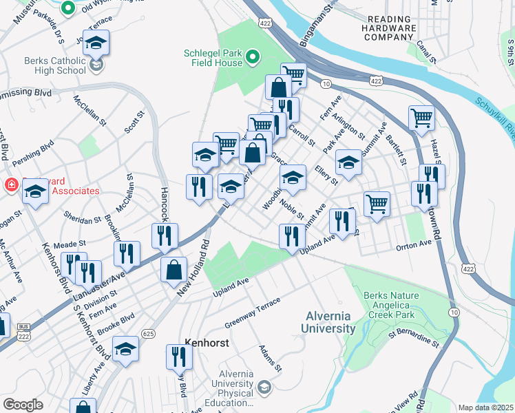 map of restaurants, bars, coffee shops, grocery stores, and more near 642 Fern Avenue in Reading
