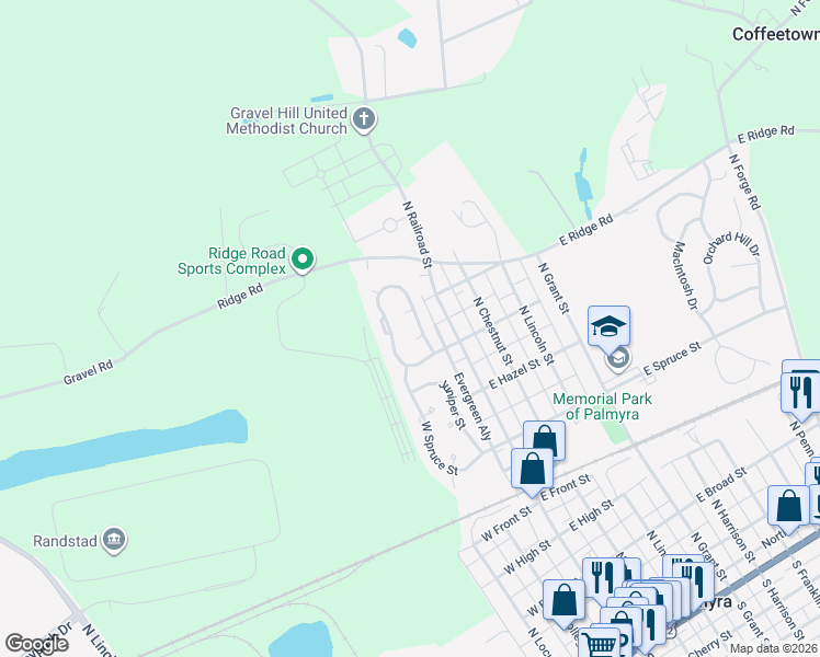 map of restaurants, bars, coffee shops, grocery stores, and more near 547 West Cedar Street in Palmyra