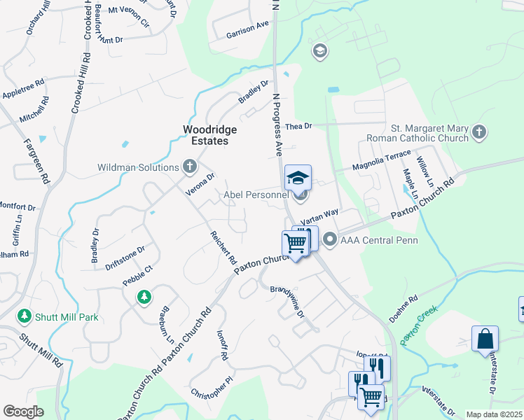map of restaurants, bars, coffee shops, grocery stores, and more near 3560 North Progress Avenue in Harrisburg