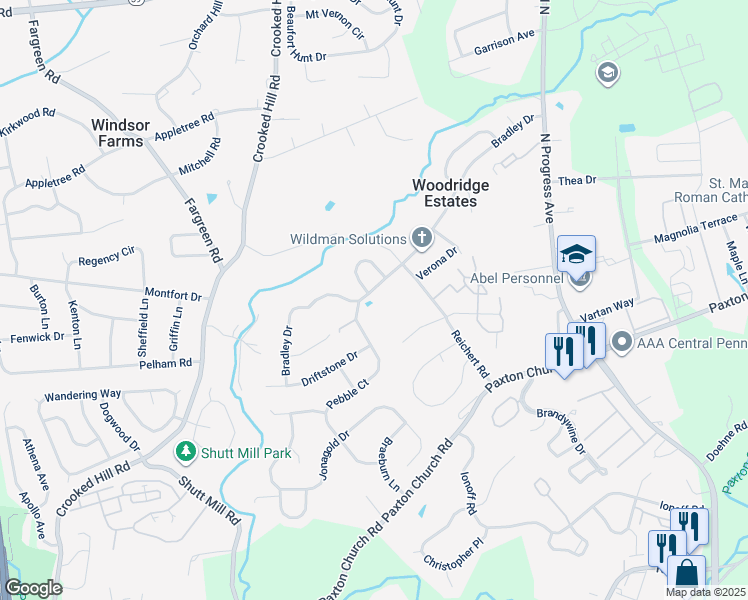 map of restaurants, bars, coffee shops, grocery stores, and more near 1901 Bradley Drive in Harrisburg
