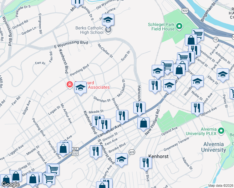 map of restaurants, bars, coffee shops, grocery stores, and more near 206 McClellan Street in Reading