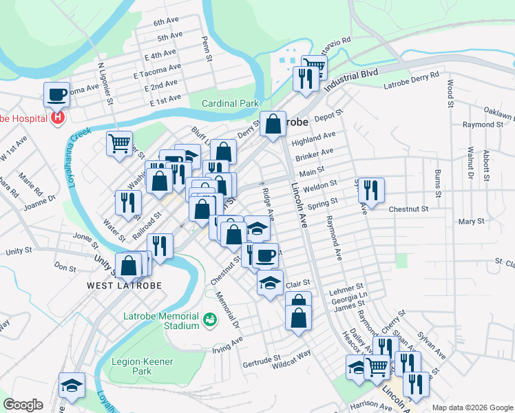 map of restaurants, bars, coffee shops, grocery stores, and more near 1006 South Alexandria Street in Latrobe