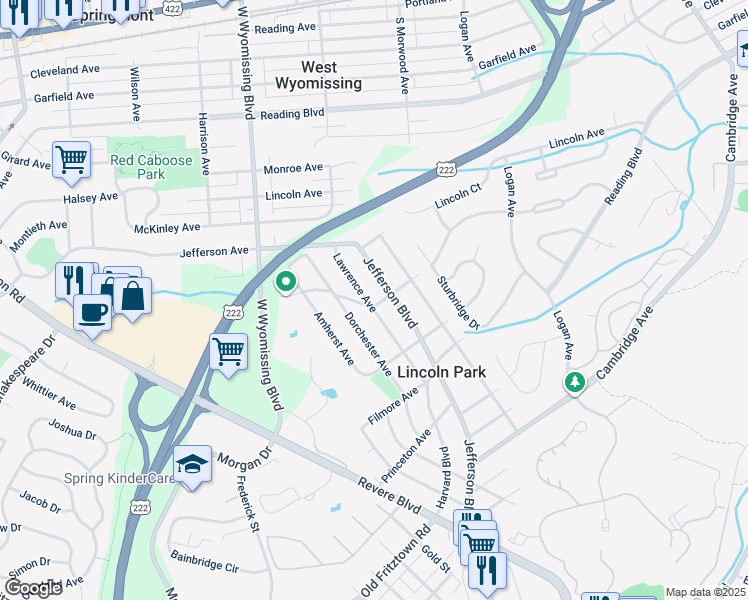 map of restaurants, bars, coffee shops, grocery stores, and more near 601 Lawrence Avenue in Reading