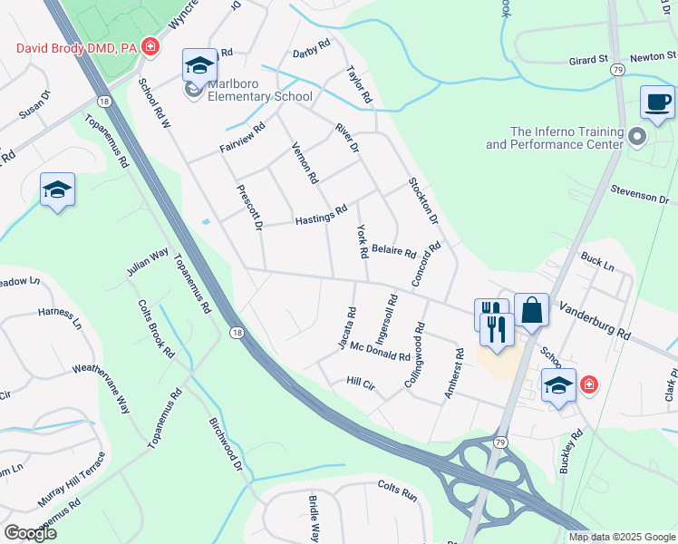 map of restaurants, bars, coffee shops, grocery stores, and more near 54 School Road West in Marlboro Township