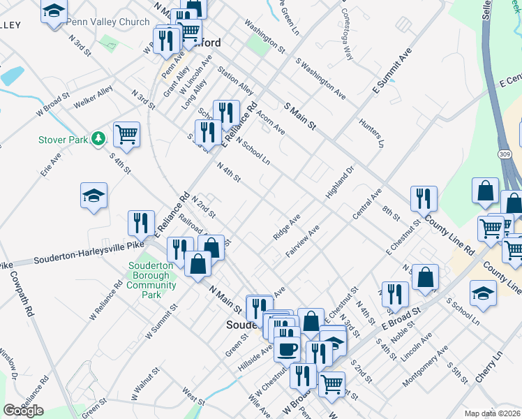 map of restaurants, bars, coffee shops, grocery stores, and more near 340 North 4th Street in Souderton